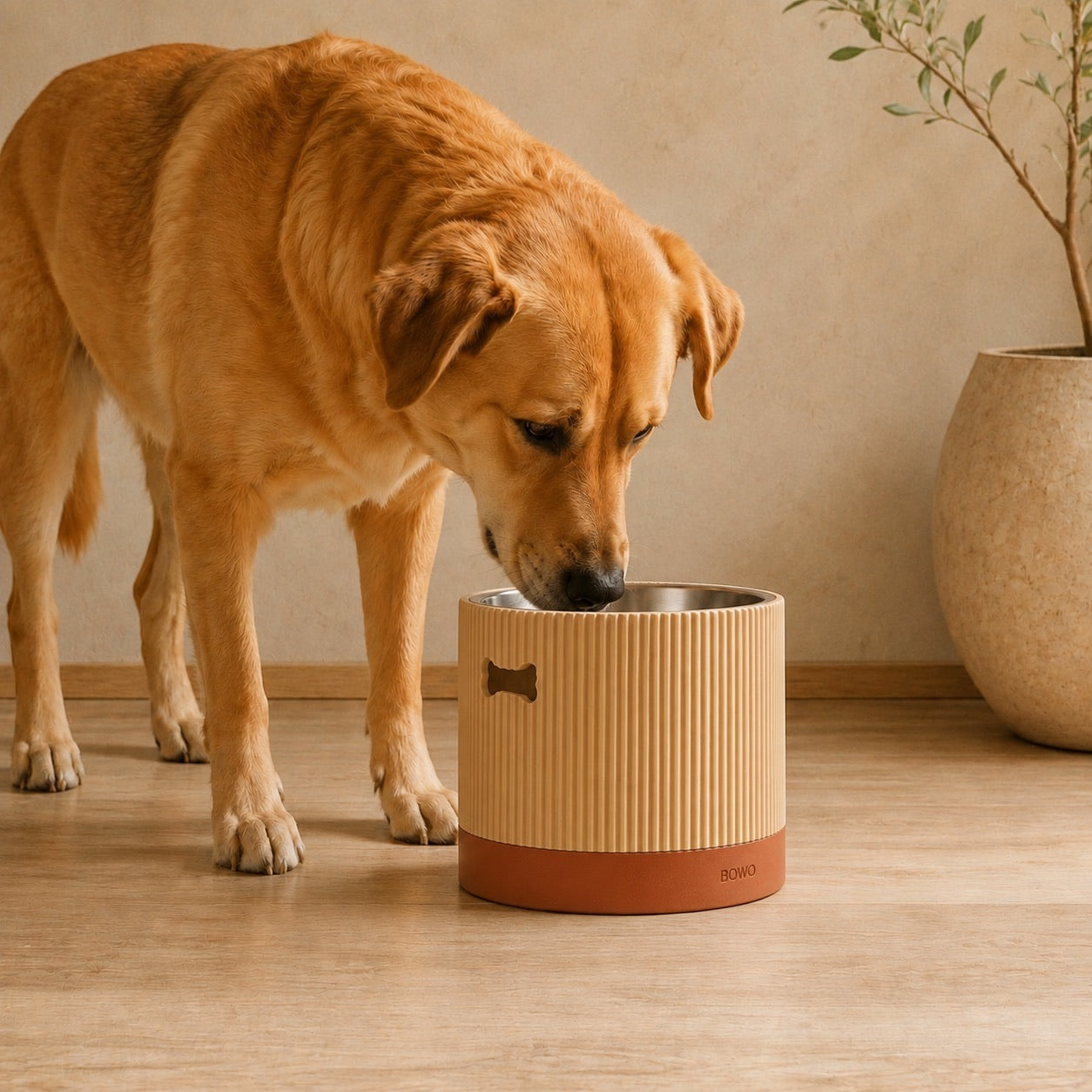 Labradoras valgo iš pakelto BOWO stovo